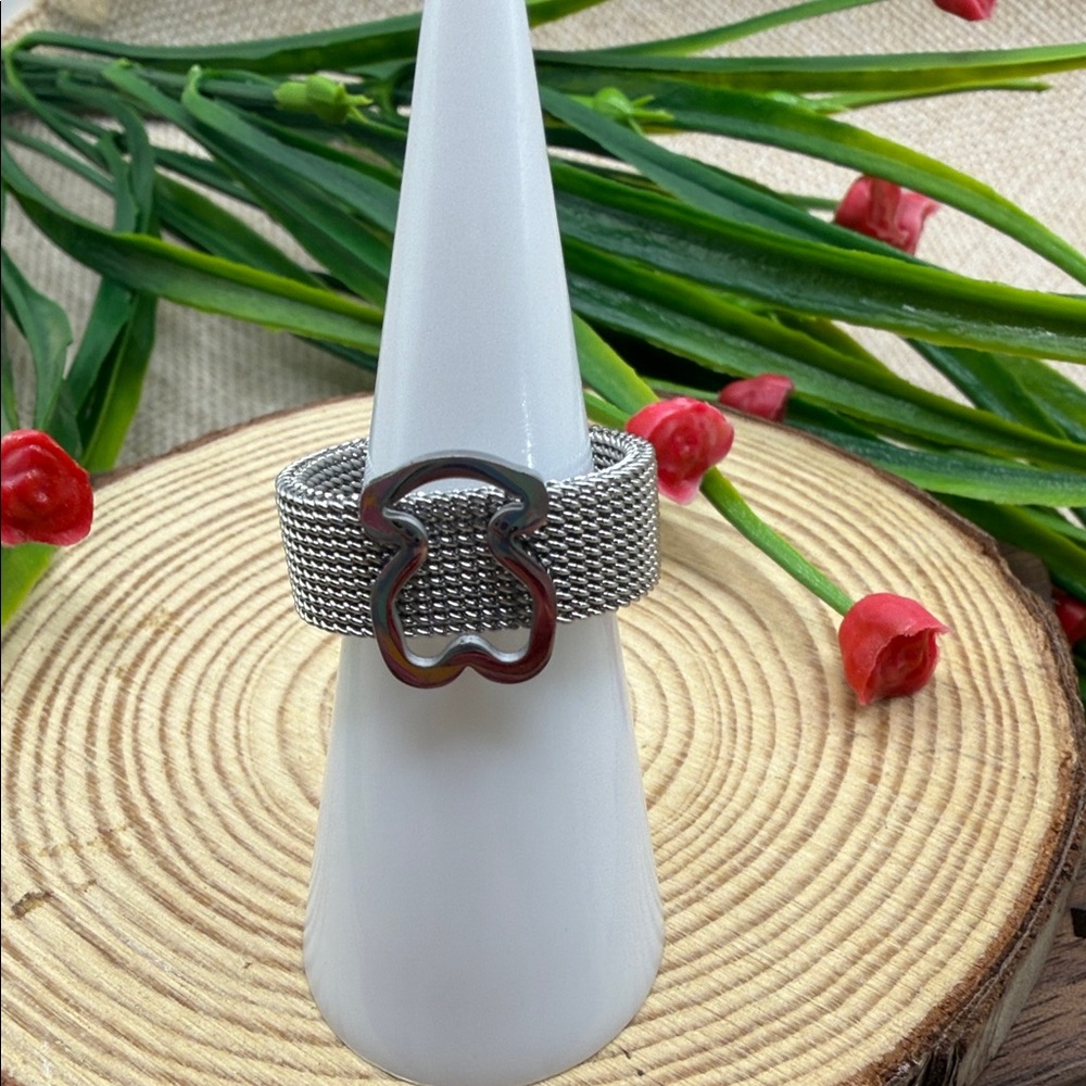 7.5 Silver Mesh Ring with Bear Design steel